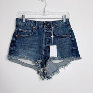 NWT Raey‎ High Rise Denim Shorts Frayed Hem Blue Size 22 (00) Festival Casual